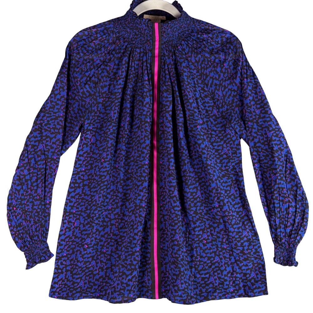 Rungolee Silk Brooklyn Blue Pink Animal Leopard Print Smocked Neck Tie Blouse M - Picture 6 of 11
